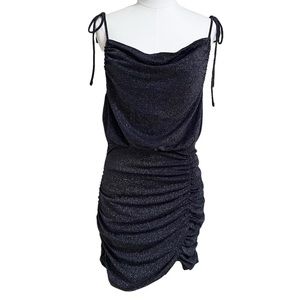 Free People Ruched Mini Dress in Navy Blue Shimmer Size Large EUC